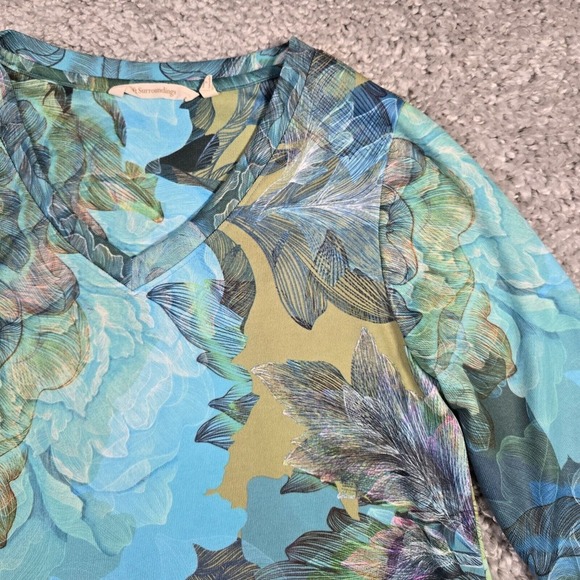 Soft Surroundings Shirt Womens Medium Blue‎ Green Aquaria Tunic Flowers - Picture 4 of 11